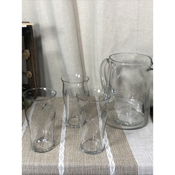 Vtg MCM Crystal Atomic STARBURST Etched Glass Pitcher &  3 Glasses - Picture 1 of 16